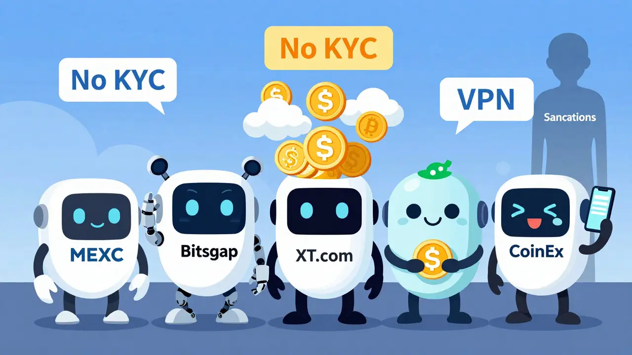 Five cartoon crypto exchanges with unique features standing together under VPN and no-KYC signs.