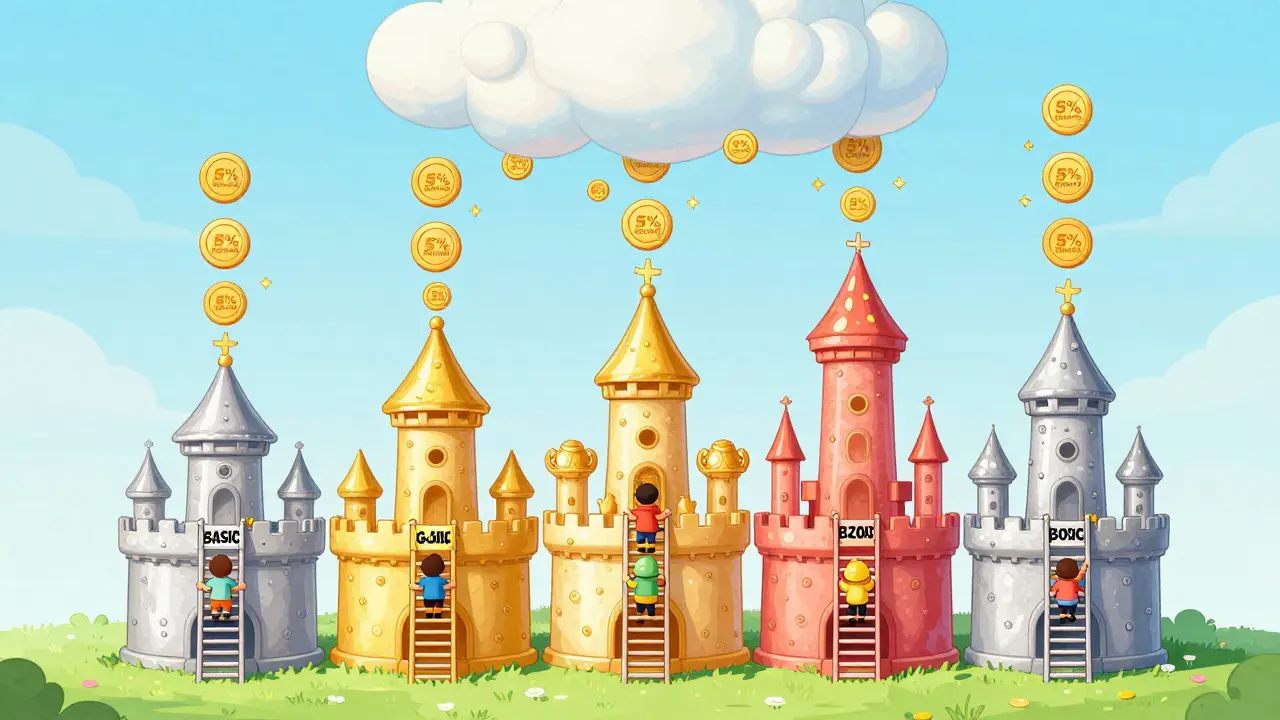 Four tiered towers labeled with staking levels, rewards raining from a token cloud
