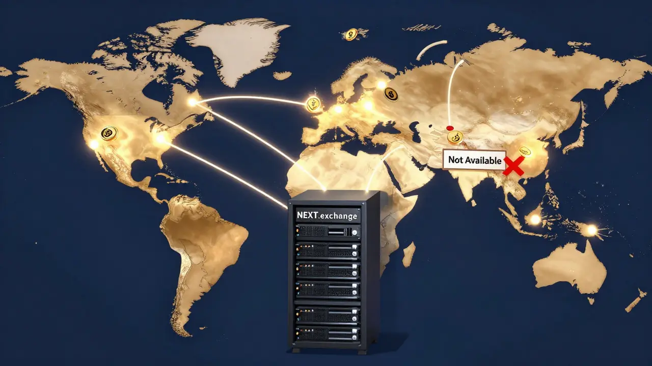 Global trade routes connecting regions using NEXT.exchange, with U.S. blocked.