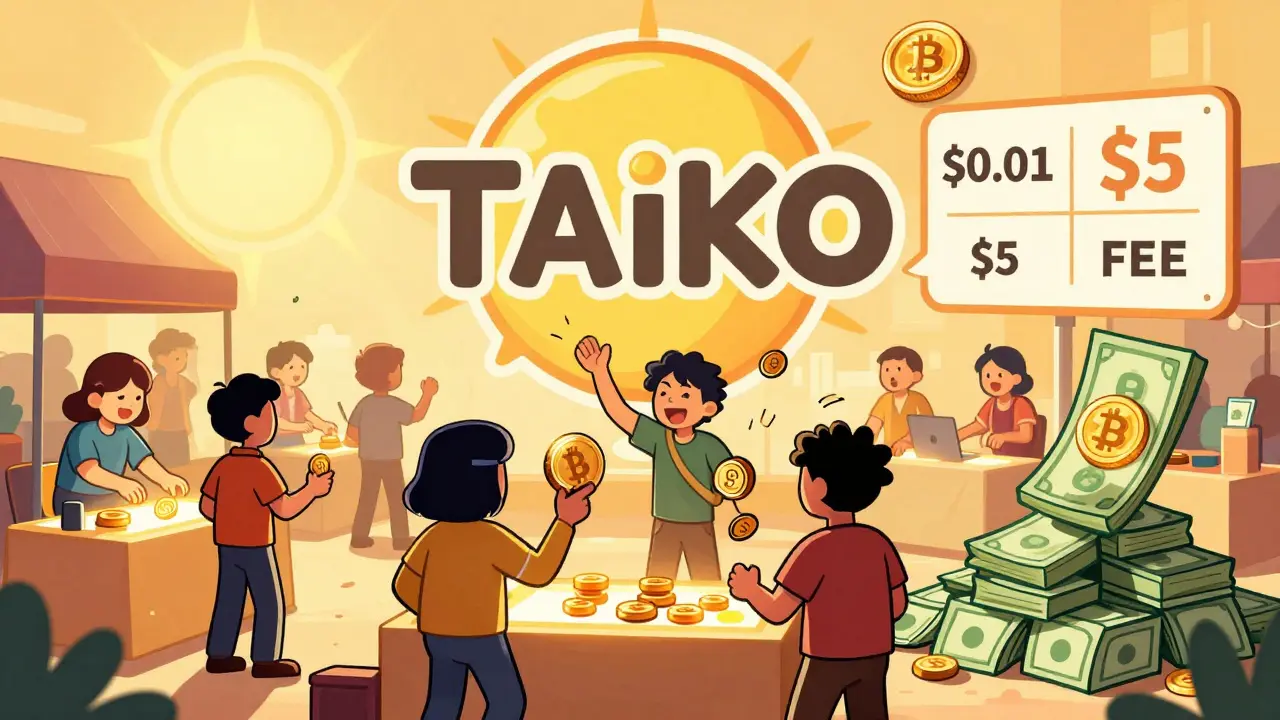 Happy traders exchanging USDC and Bitcoin tokens in a vibrant digital marketplace powered by Taiko.
