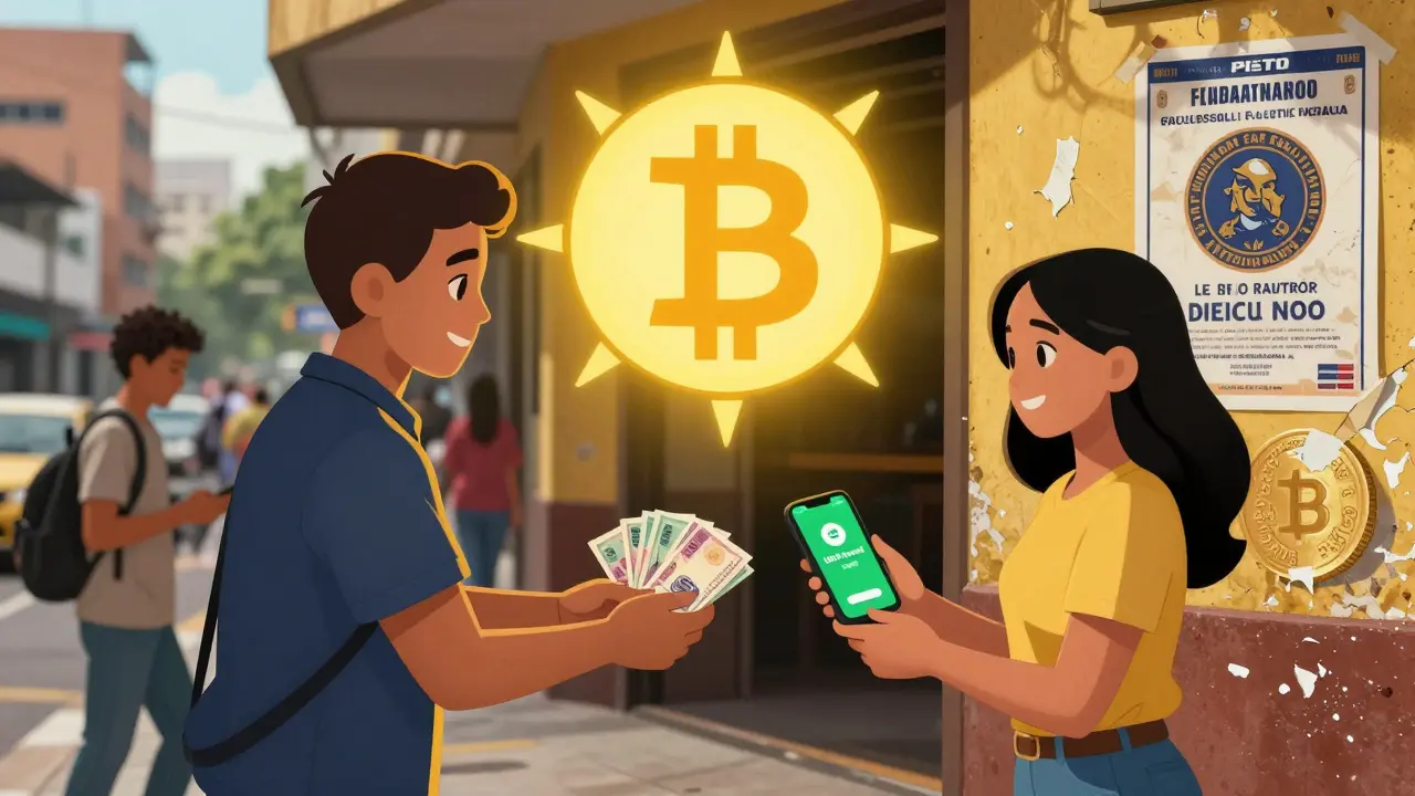 People in Caracas trade cash for USDT via peer-to-peer crypto transactions under a glowing digital token.