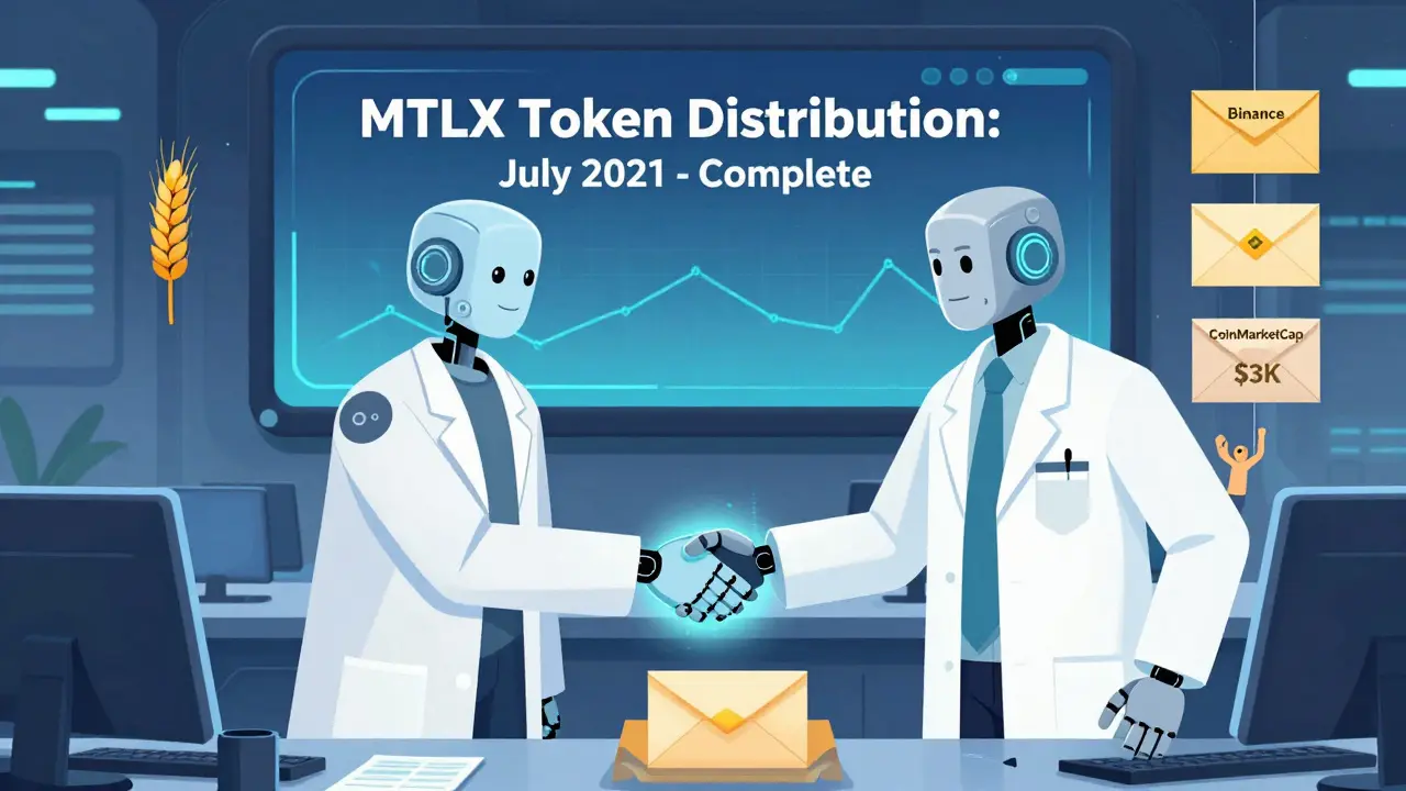 Robotic traders exchanging tokenized commodities on a futuristic floor with a screen showing completed MTLX distribution.