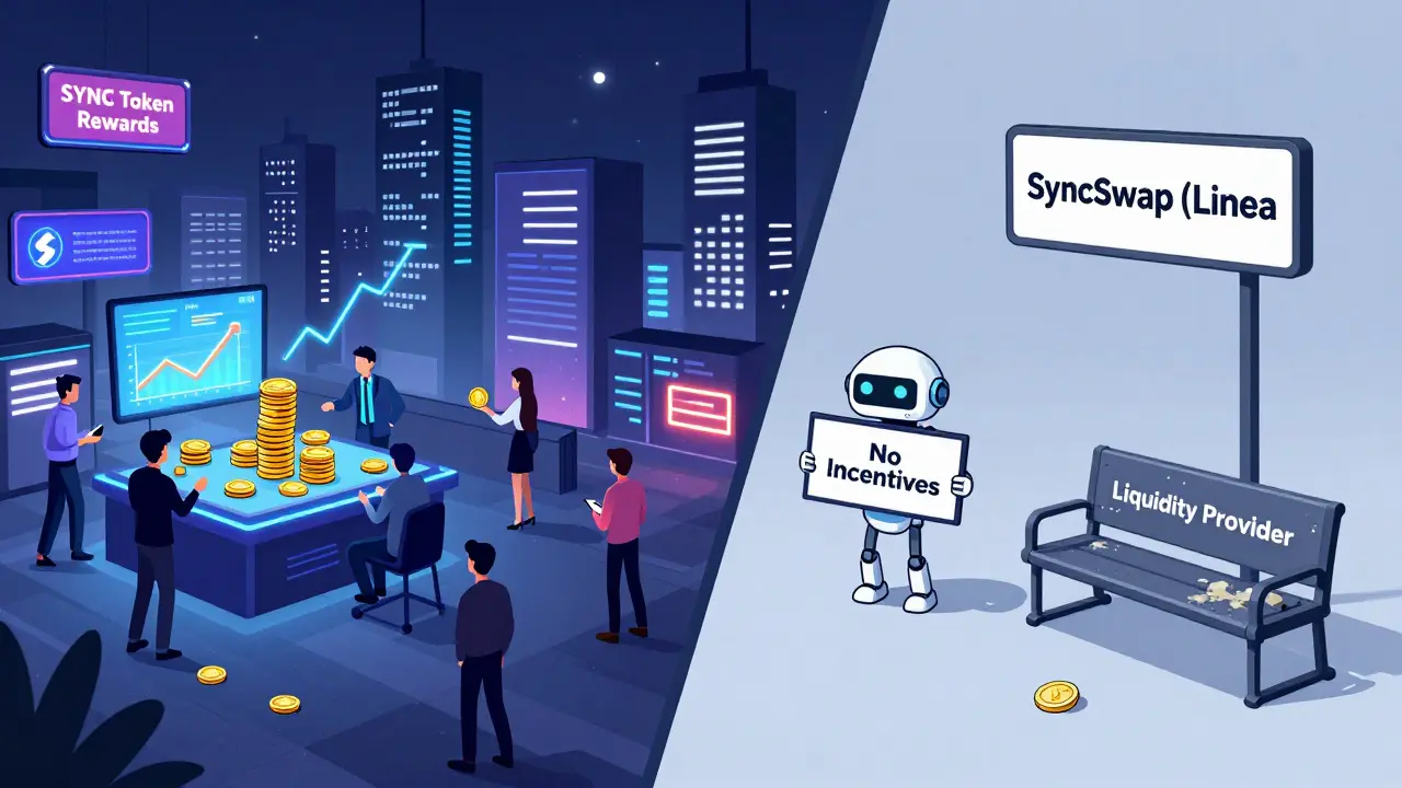 Split cartoon scene: vibrant DeFi city with token rewards on one side, and an empty, quiet SyncSwap (Linea) plaza on the other.