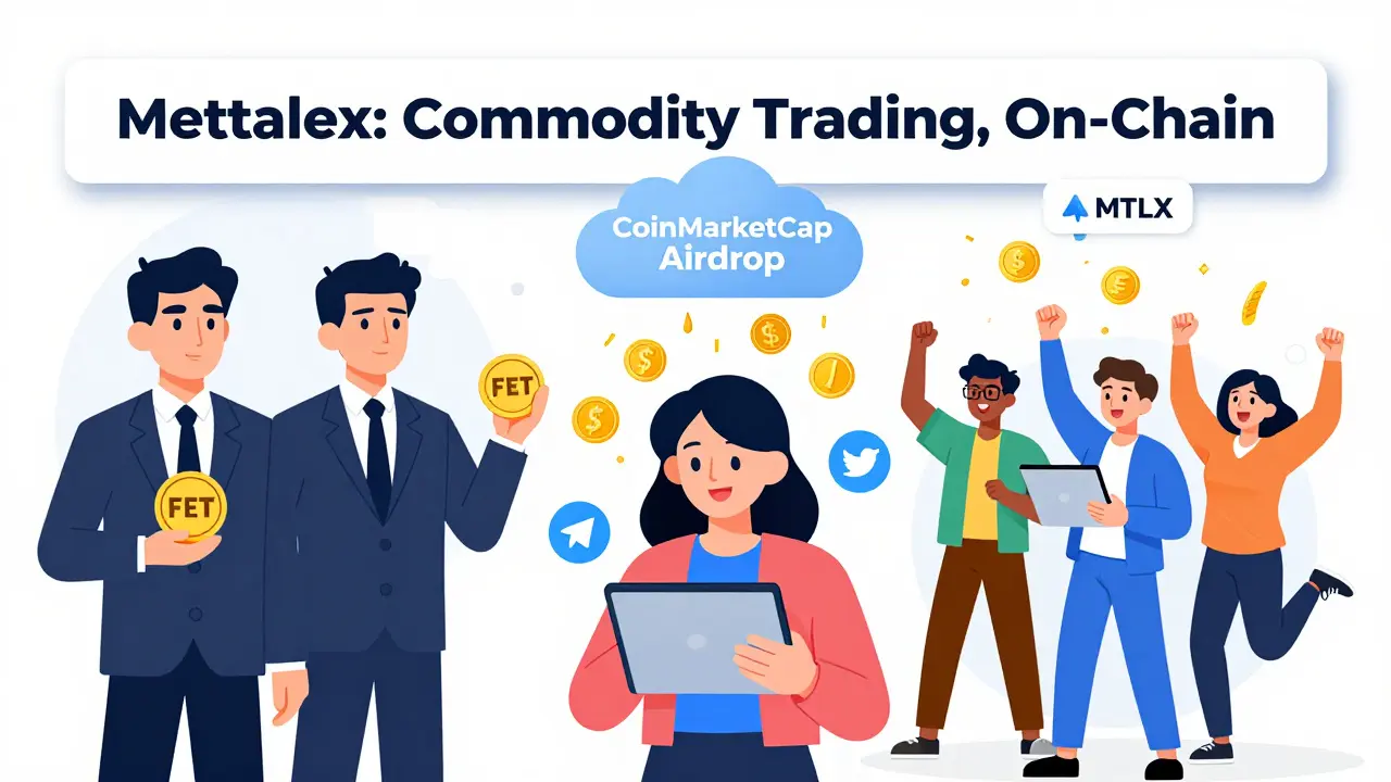 Three cartoon groups: investors, social media users, and cheerleaders receiving MTLX tokens from different airdrop sources.