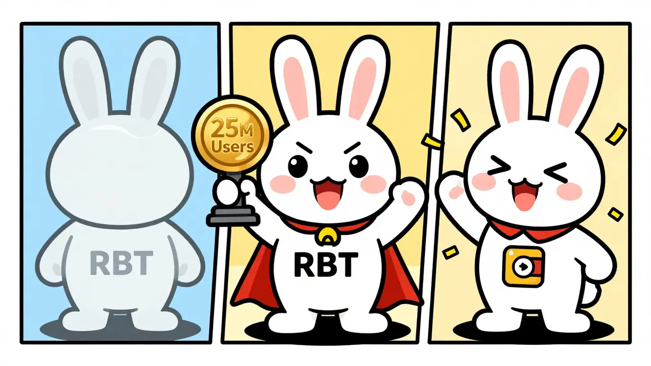 Three rabbit-themed crypto tokens: RBT as a faded shell, RBTC as a trophy-wearing rabbit, and RAB as a wallet-app rabbit tossing confetti.