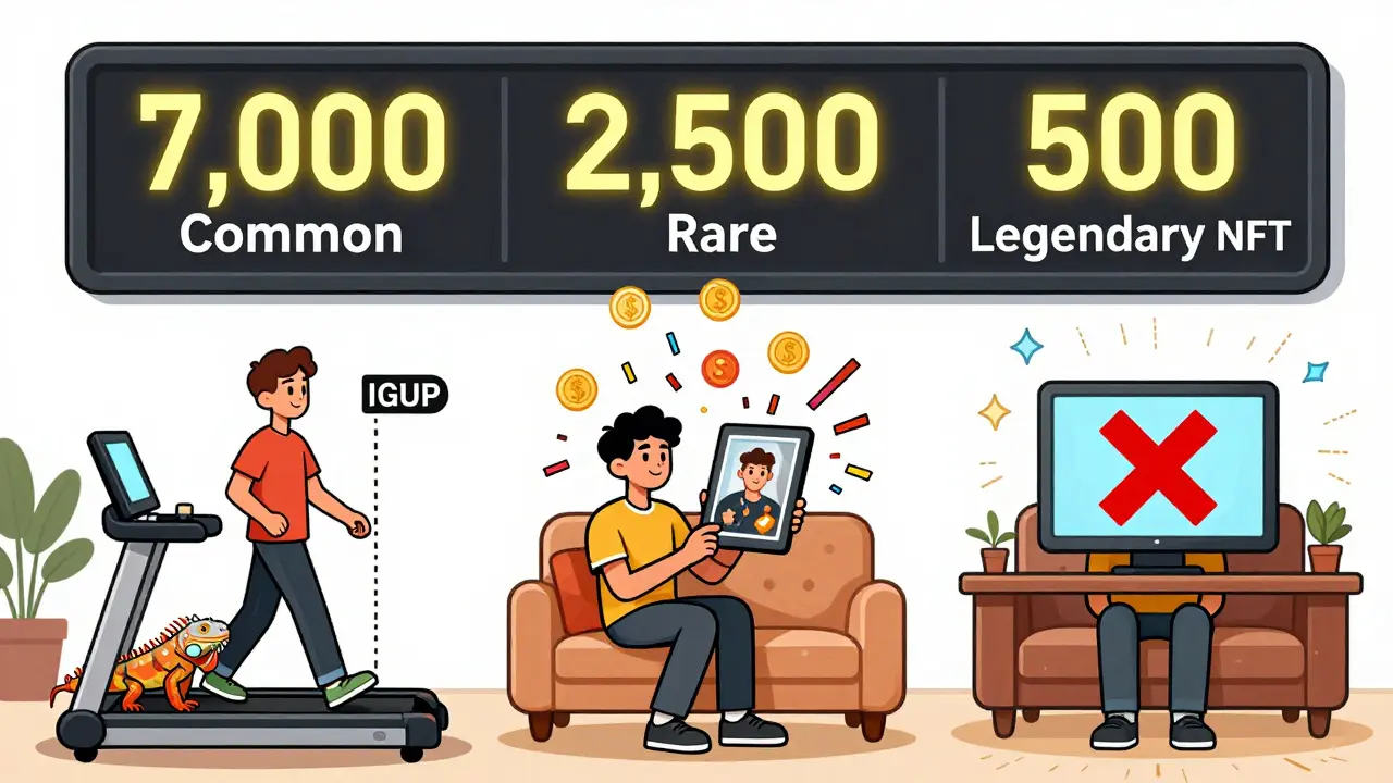 Three users with different activity levels; two are active with pets and social shares, one is idle, as NFTs rain down only on the engaged.