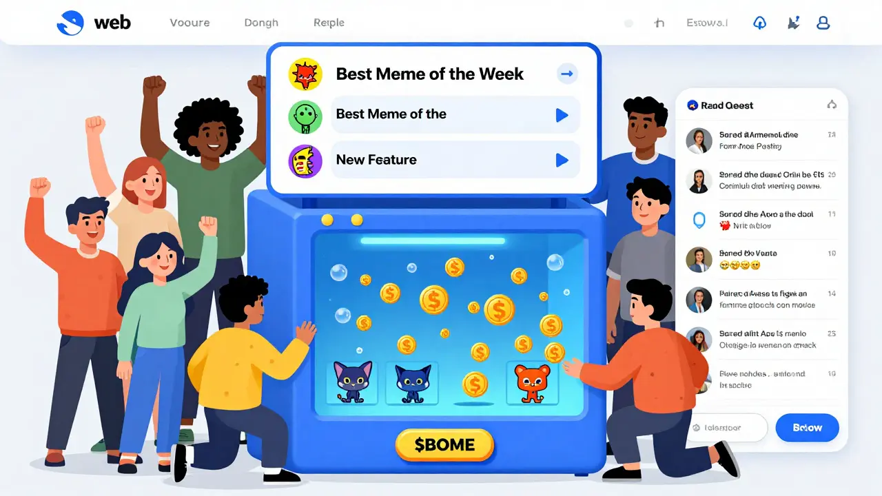 Users staking Bored Ape NFTs to earn BOME tokens in a meme-themed web app.