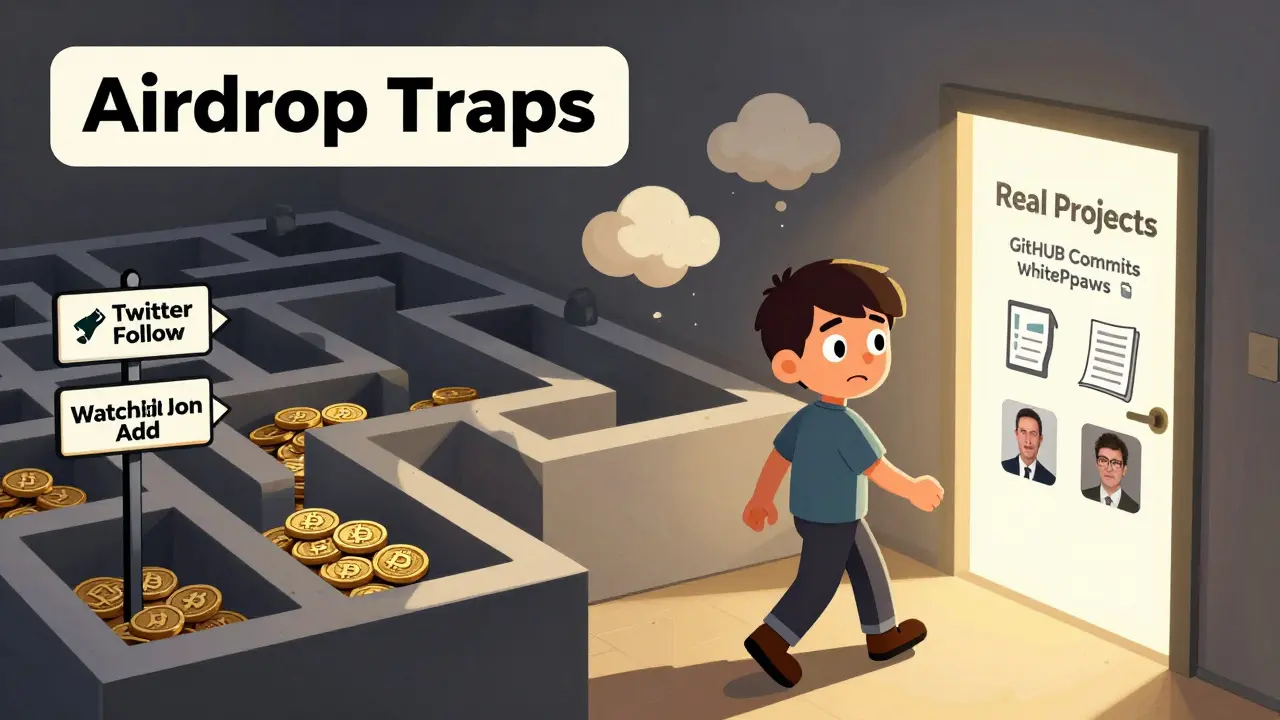 A cartoon character trapped in a maze of easy airdrop tasks leading to a dead end filled with worthless tokens, with a glowing exit to real projects.