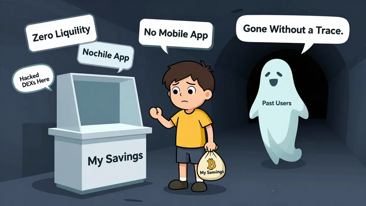 A confused beginner at RCPswap’s empty kiosk surrounded by warning signs while past users vanish into darkness.