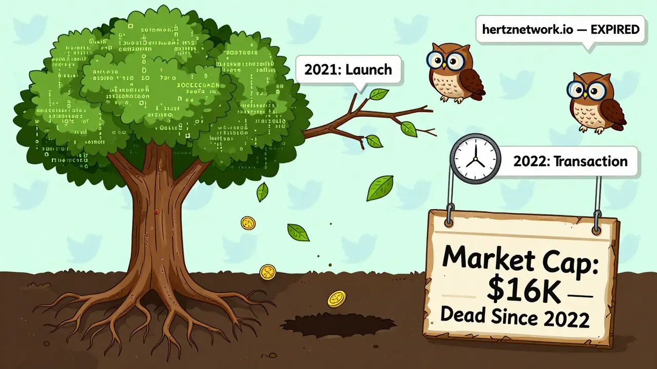 A dead tree with HTZ tokens falling into a void, labeled with dates and 'Market Cap: K — Dead Since 2022'.