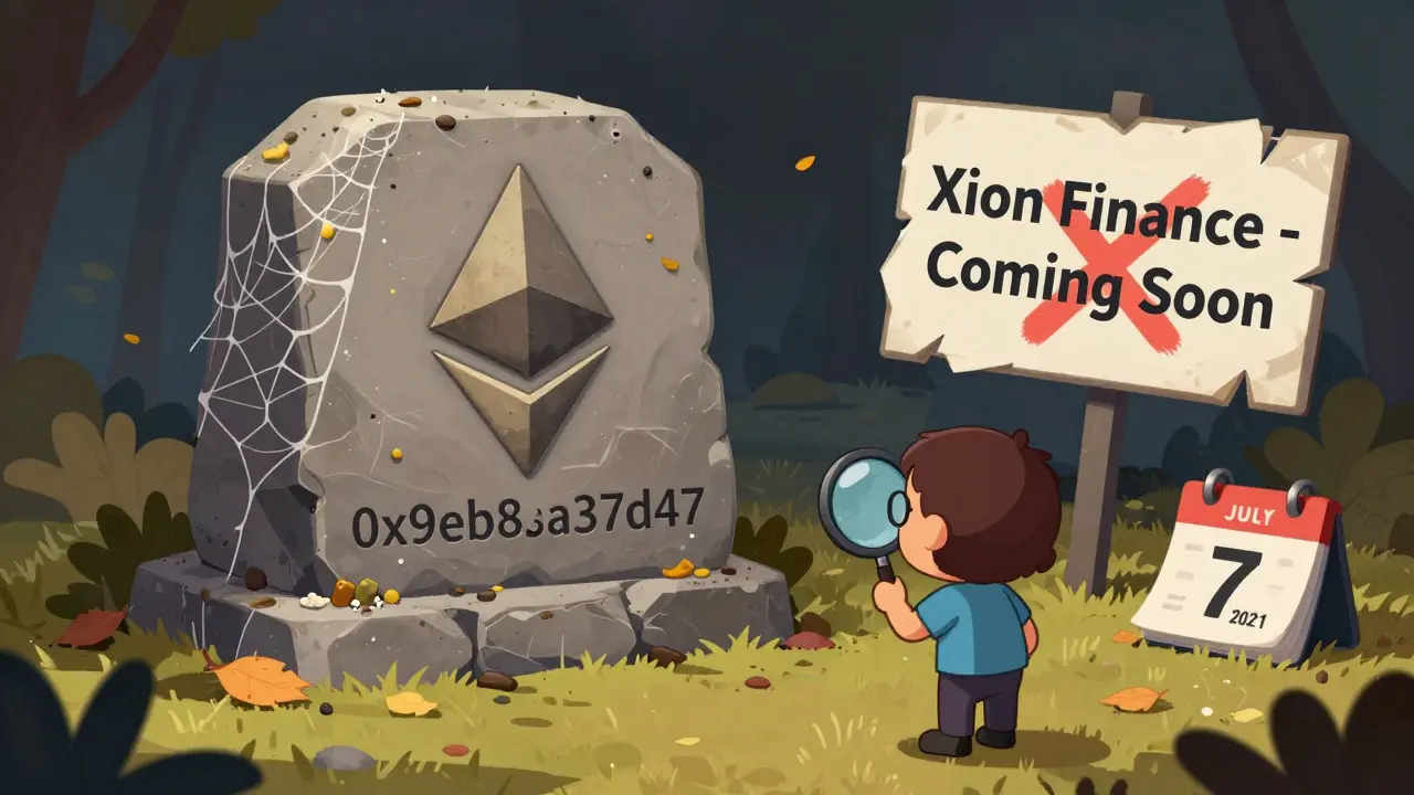 A dusty, abandoned blockchain contract with zero transactions, covered in cobwebs under a frozen date.