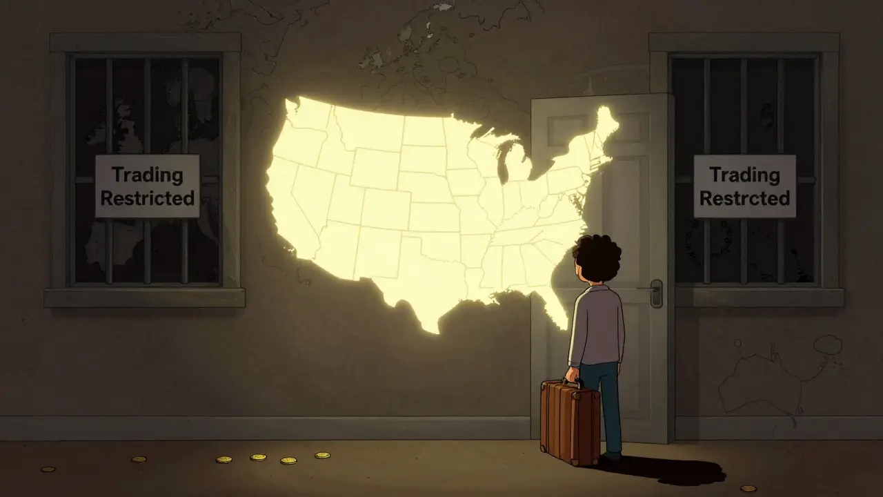 A globe showing the US glowing with trading access, while UK, Europe, and Australia are barred and dimmed.