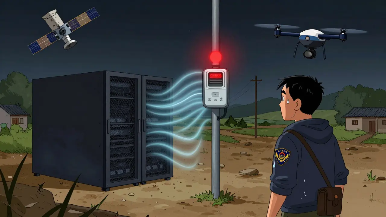A hidden server room is detected by satellite and AI meter in rural China, with a miner fleeing.