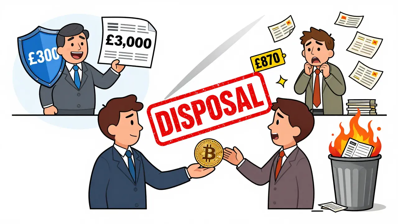 A person gifts crypto and triggers a 'DISPOSAL' tax event, with two contrasting outcomes shown.