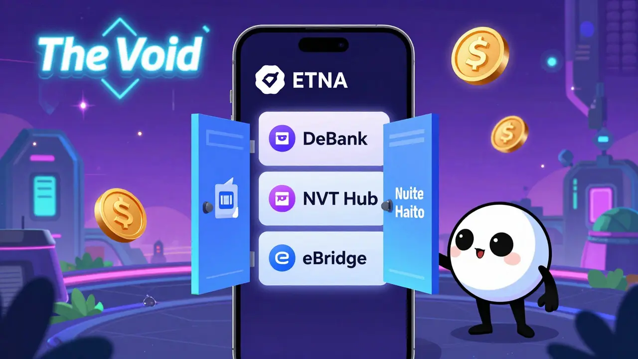 A phone screen shows ETNA tokens unlocking access to DeBank, NFT Hub, and eBridge, with a Cyclops watching as The Void game glows in the background.