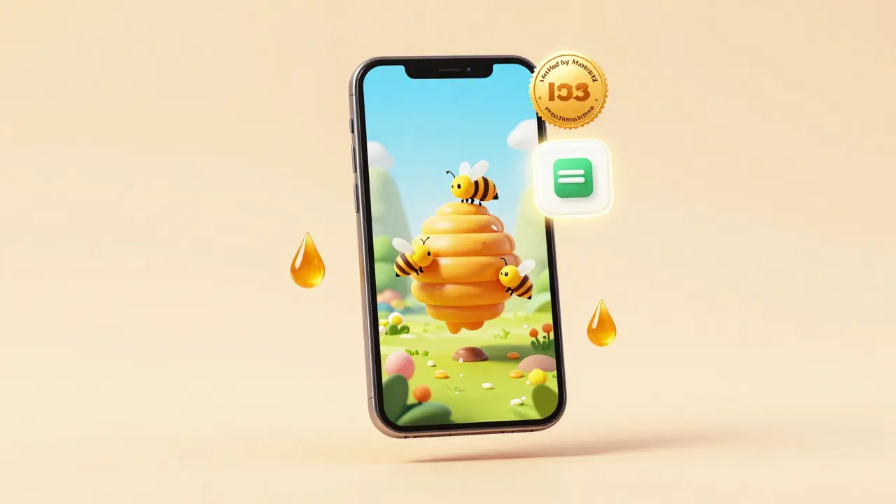 A smartphone screen showing the Honeyland game with a Solana wallet and Verified by Machinations seal glowing nearby.