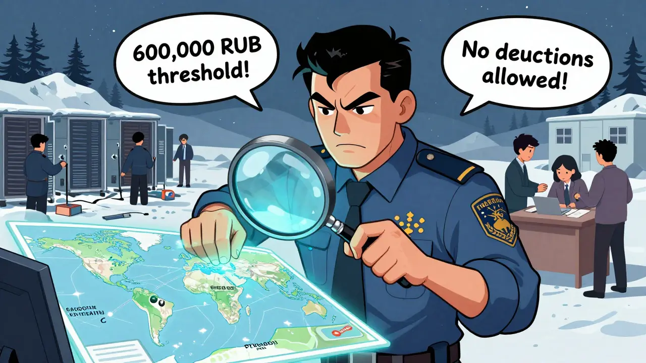 A tax officer tracing crypto transactions on a blockchain map while miners shut down and traders use P2P apps.