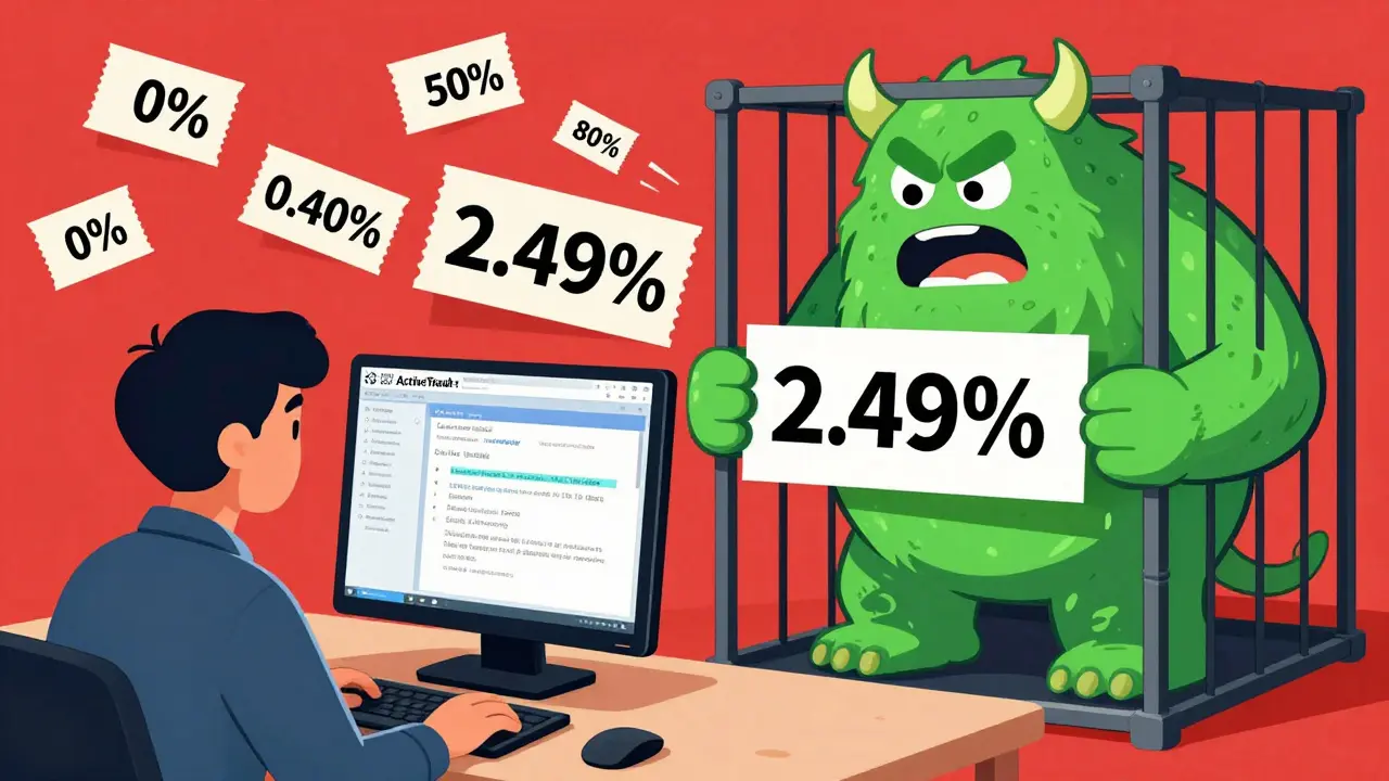 A trader using ActiveTrader with low fees floating as coupons, while a big '2.49%' fee monster is locked in a cage.