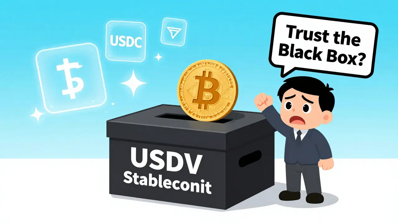 A user putting crypto into an unmarked stablecoin box while transparent alternatives glow clearly nearby.