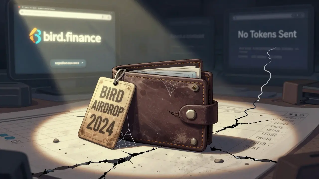 An abandoned wallet next to a faded airdrop sign, while the real Bird Finance site glows in the distance.