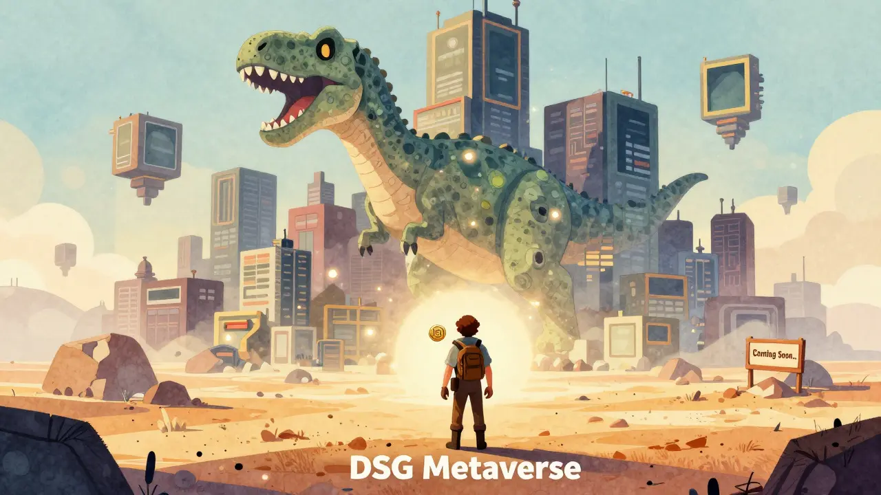 An adventurer stands alone in an unfinished dinosaur metaverse with floating code blocks.