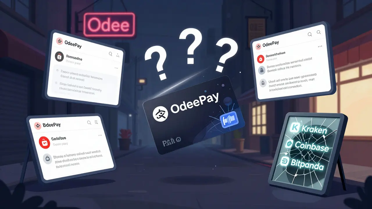 An OdeePay card floating with question marks, surrounded by empty forums and glowing trusted exchange alternatives.