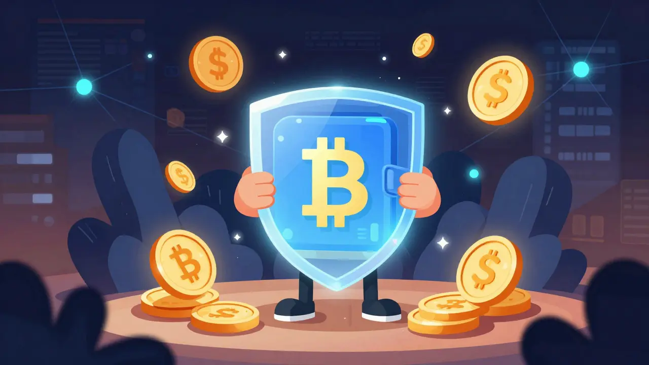 Cartoon character holding secure wallet with protective shield against risks.