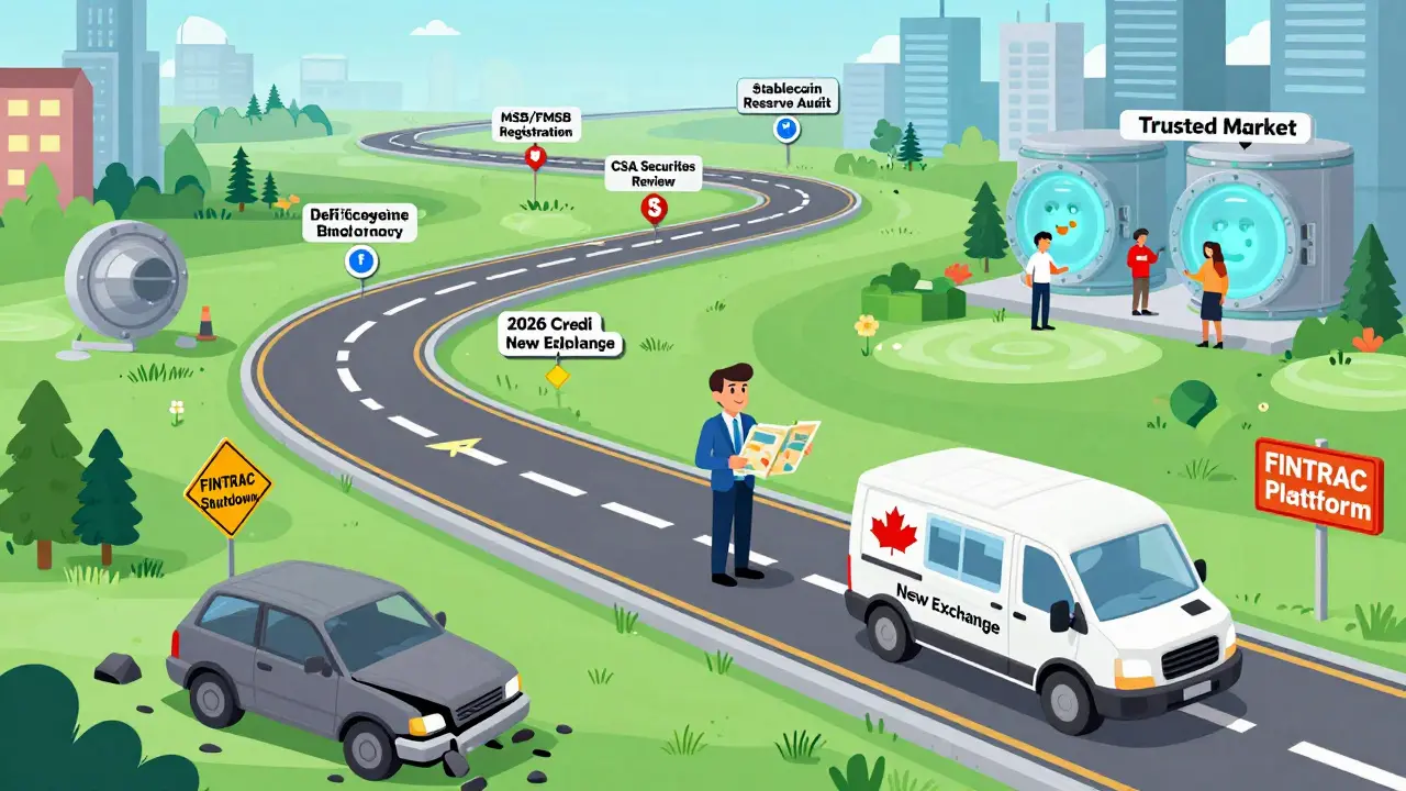 Cartoon regulatory roadmap showing a startup successfully navigating crypto licensing checkpoints in Canada toward a trusted market.