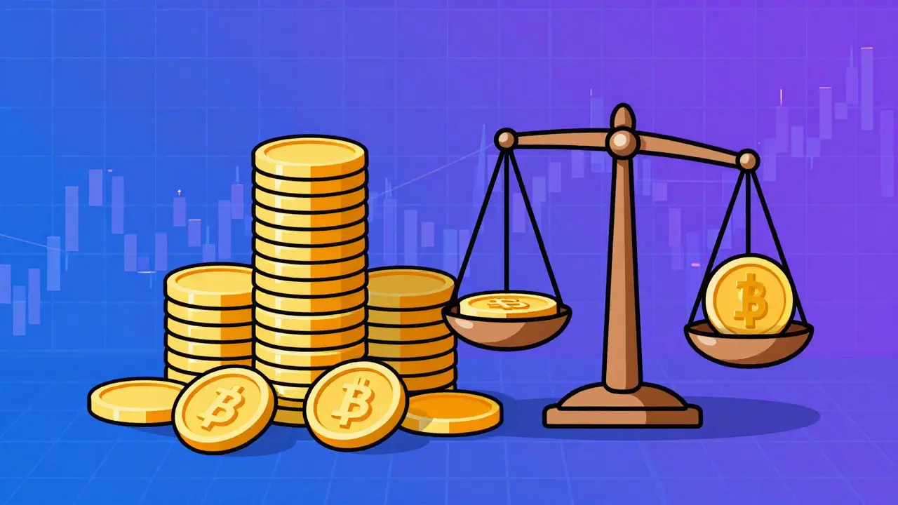 Cartoon scale balancing crypto coins representing token supply and volatility.