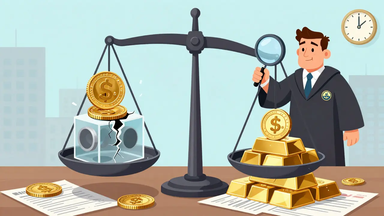 Cartoon scale showing unstable stablecoins on one side and compliant EU-backed coins on the other.