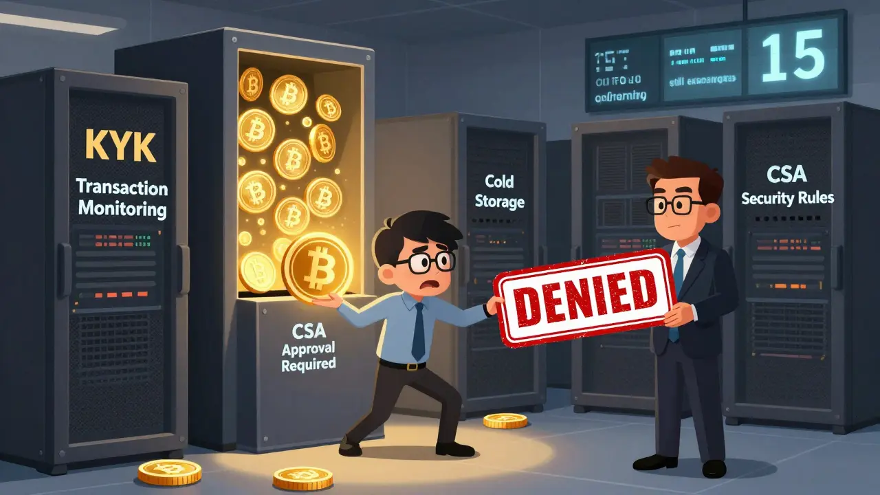 Cartoon server room with regulatory barriers blocking unapproved stablecoins, while compliant systems shine under strict oversight.