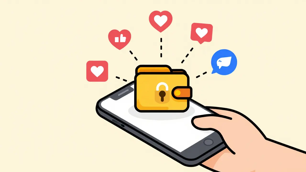 Character holding smartphone with floating social media icons connected to a secure digital wallet.