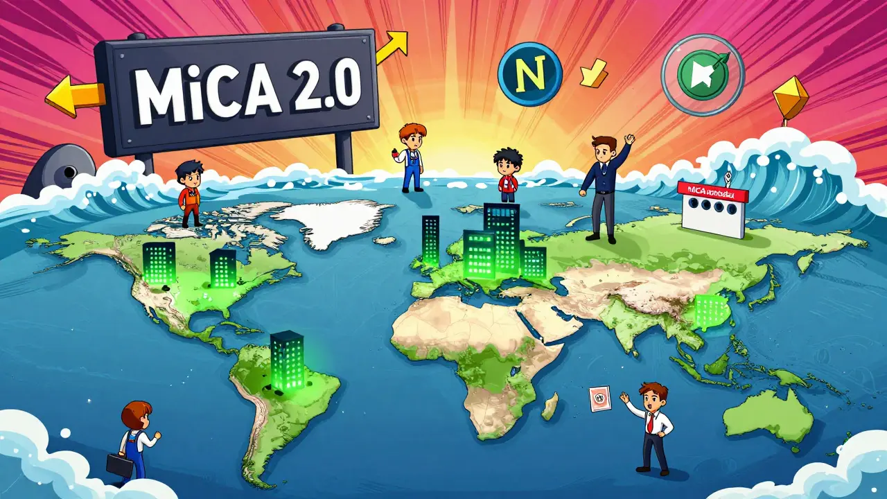 Global map with EU compliance spreading as MiCA 2.0 looms, transforming crypto platforms worldwide.