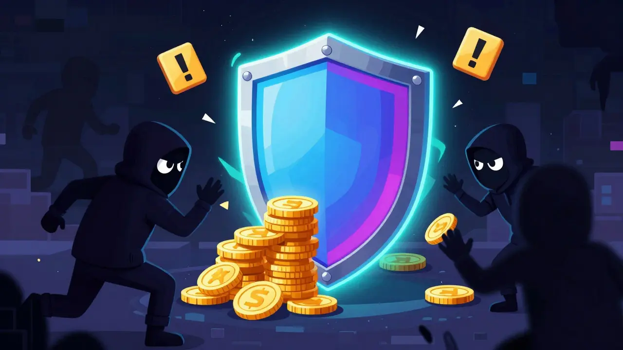 Glowing shield protecting golden coins from shadowy hacker figures in a digital cartoon style.