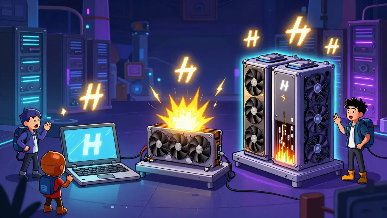 Illustration showing mining hardware evolution from laptops to ASICs