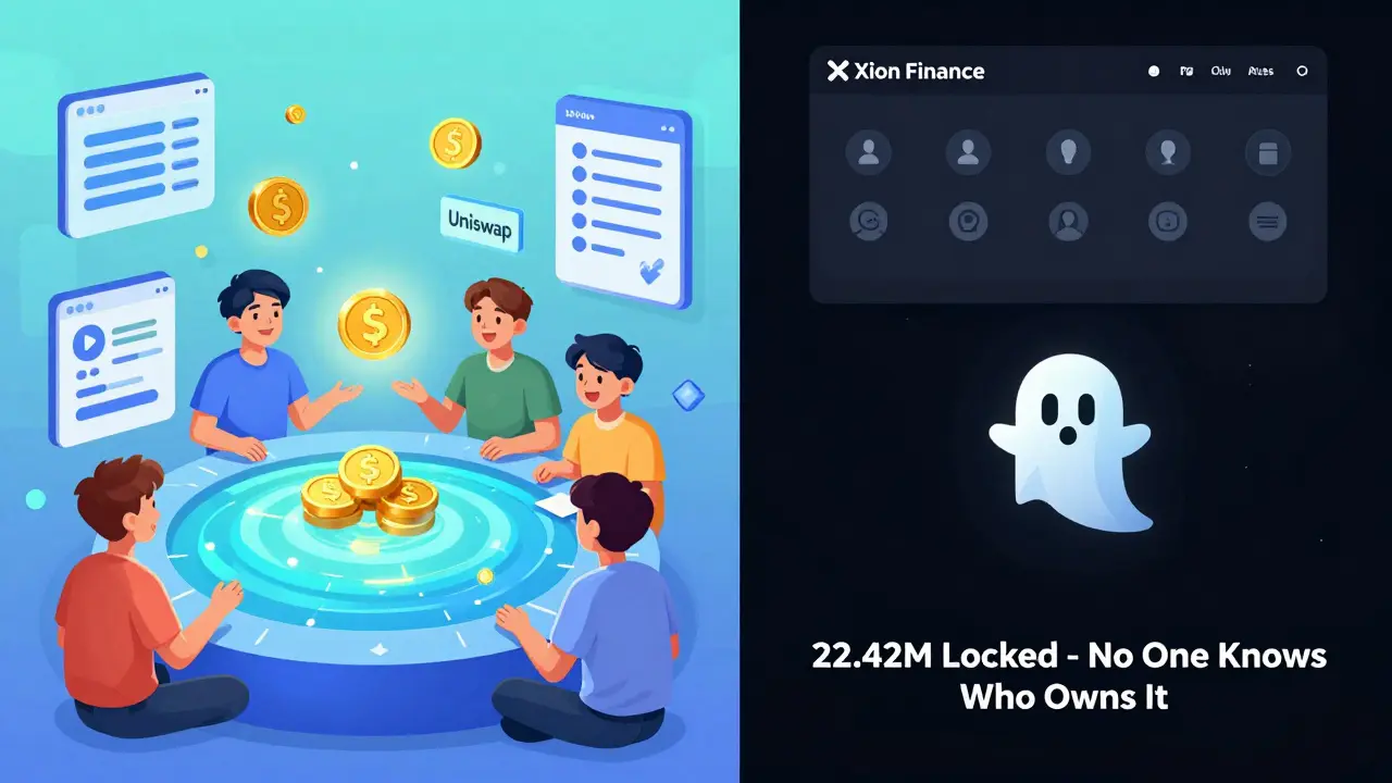Left: thriving DeFi projects with active users; Right: Xion Finance with empty social media and a lone ghost token.