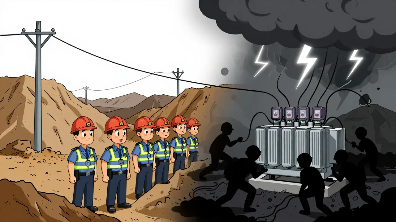 Legal facility versus shadowy illegal power tapping operation.