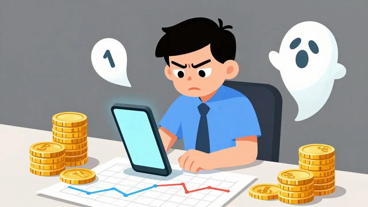 Lonely cartoon trader surrounded by empty coin boxes and flat graphs.