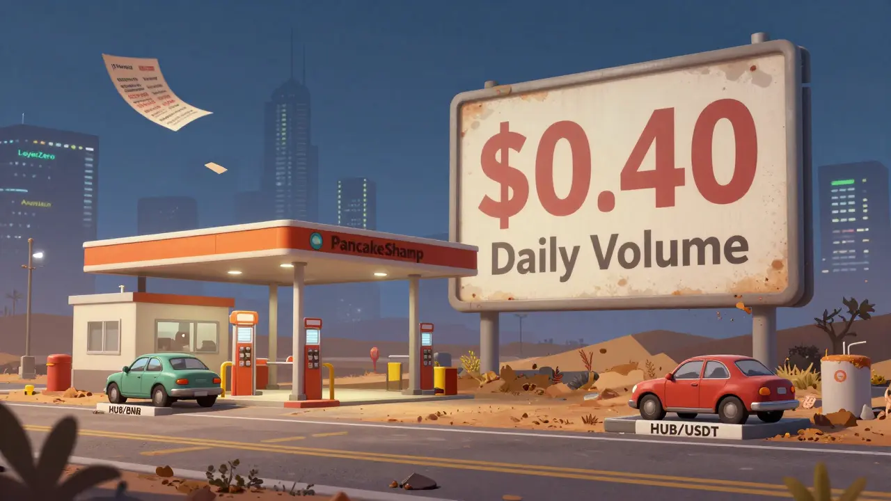 Lonely PancakeSwap gas station with two trading pairs and distant competing bridges glowing in the background.