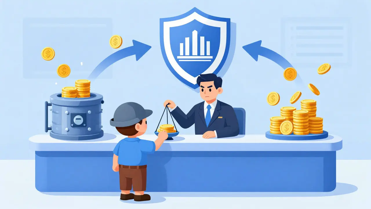 Miner exchanging coins with government official at desk.