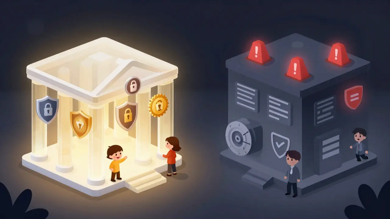 Split comparison showing secure transparent versus hidden unverified crypto platforms