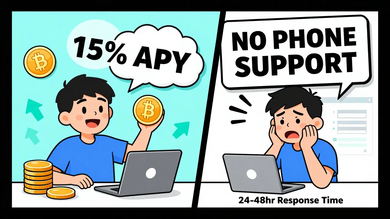 Split scene: one side shows passive income from staking and cloud mining, the other shows delayed customer support.