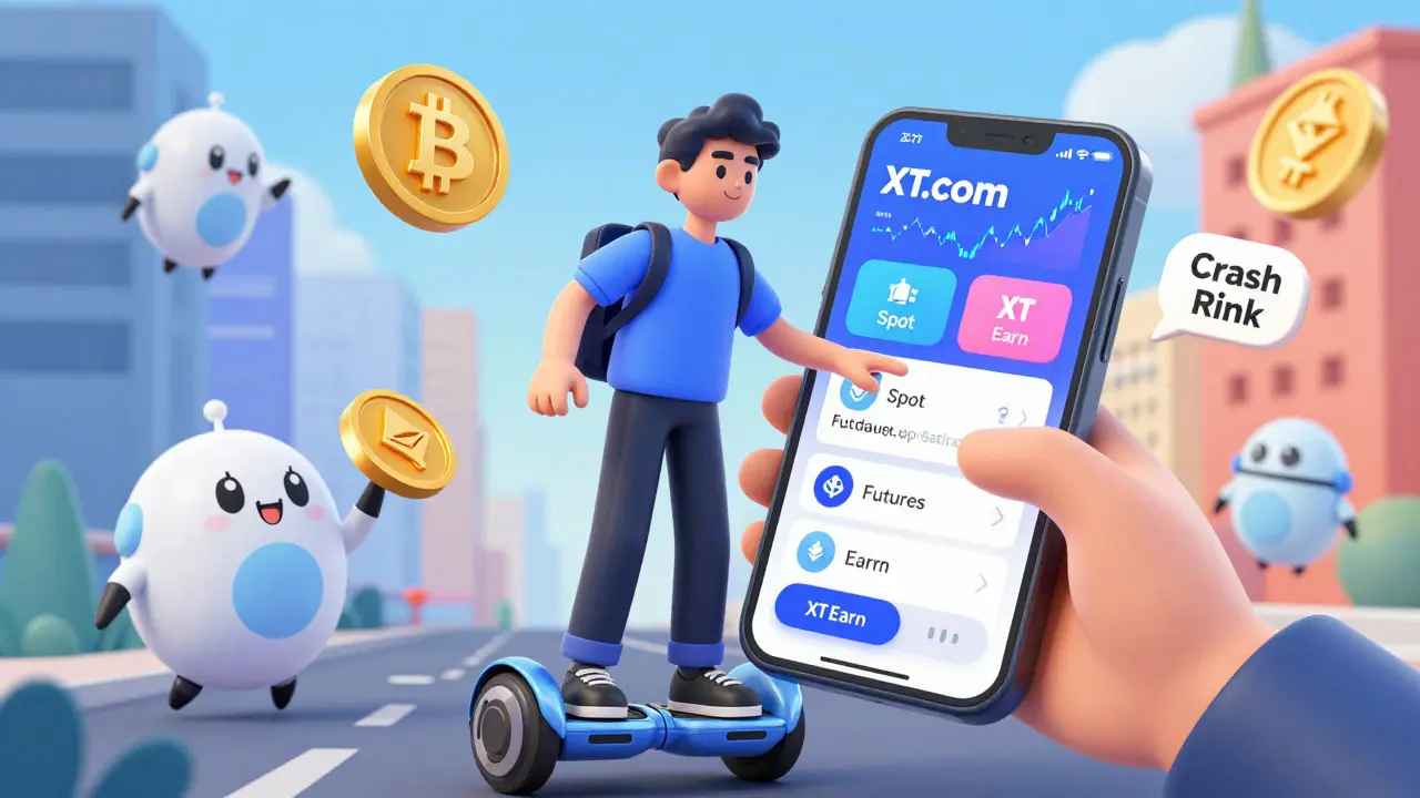 Trader using XT.com app on a hoverboard while market volatility causes screen flickers in a vibrant cityscape.