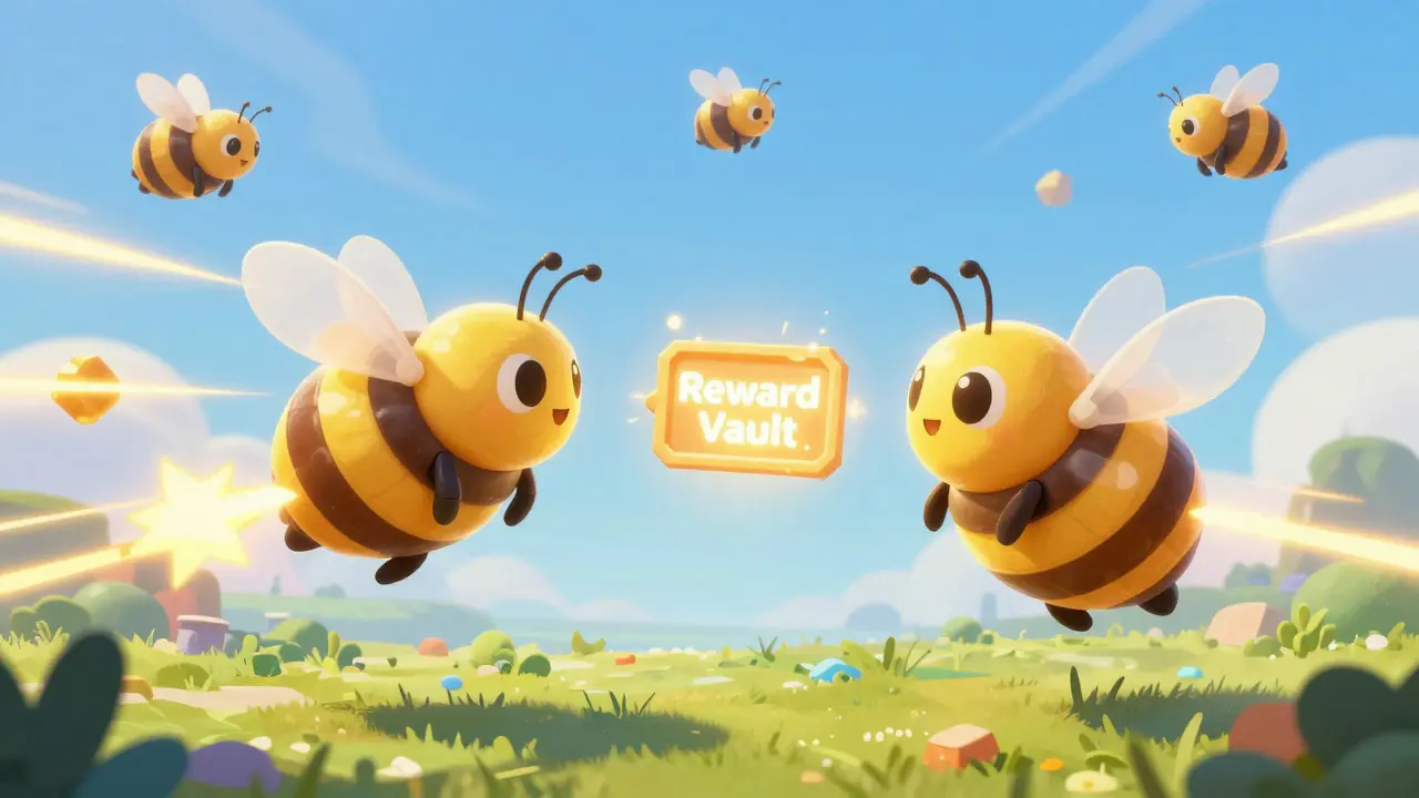 Two bee hives in a digital battlefield with armored bees swarming and Solana energy trails in the sky.