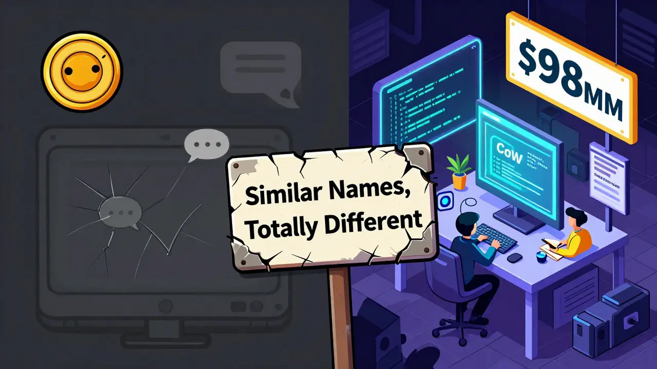 Two contrasting scenes: a faded CoinWind ghost versus a lively CoW Protocol hub, highlighting the difference between fake and real crypto projects.