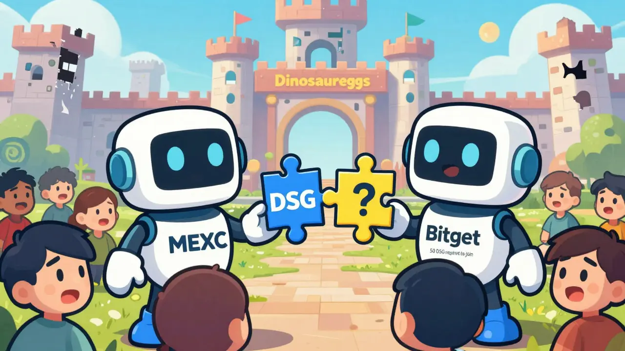 Two robot exchange mascots giving puzzle pieces labeled DSG to hopeful users.