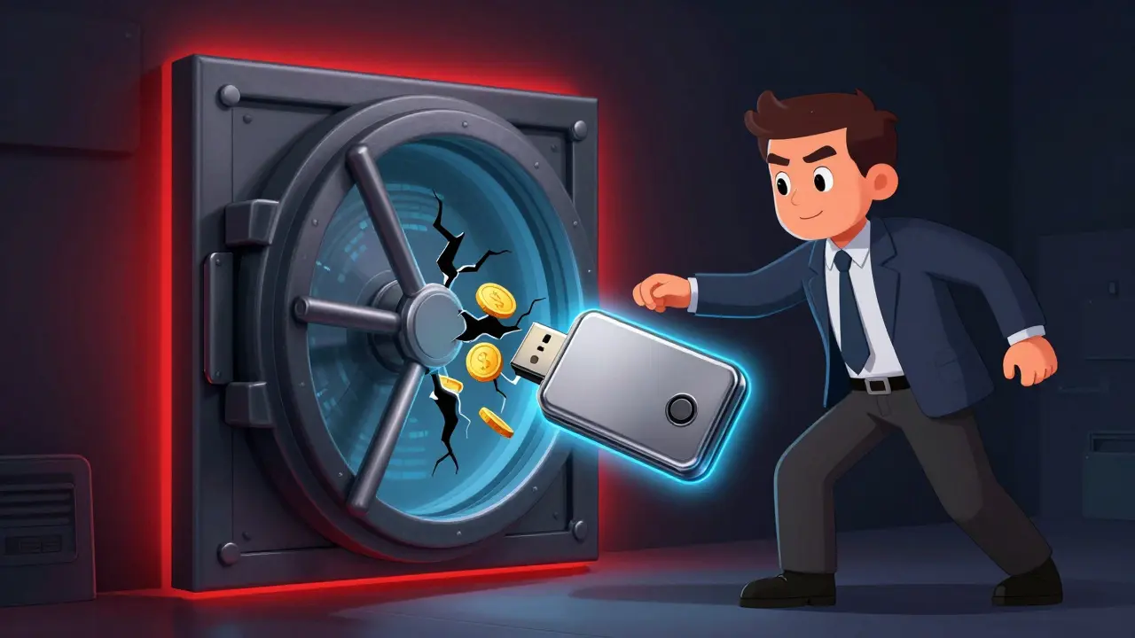 A cartoon depicting a trader moving crypto from a breached digital vault to a secure cold wallet.