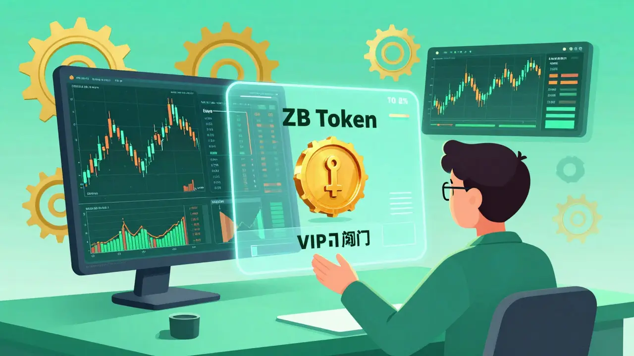 A cartoon illustration of a trader using a ZB Token to unlock VIP trading privileges and lower fees.