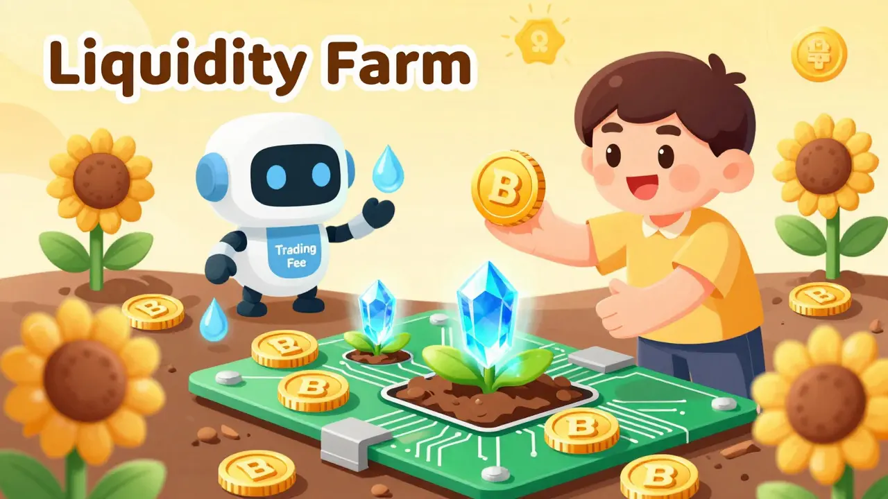 A character farming glowing tokens to grow golden BSW coins in a digital garden
