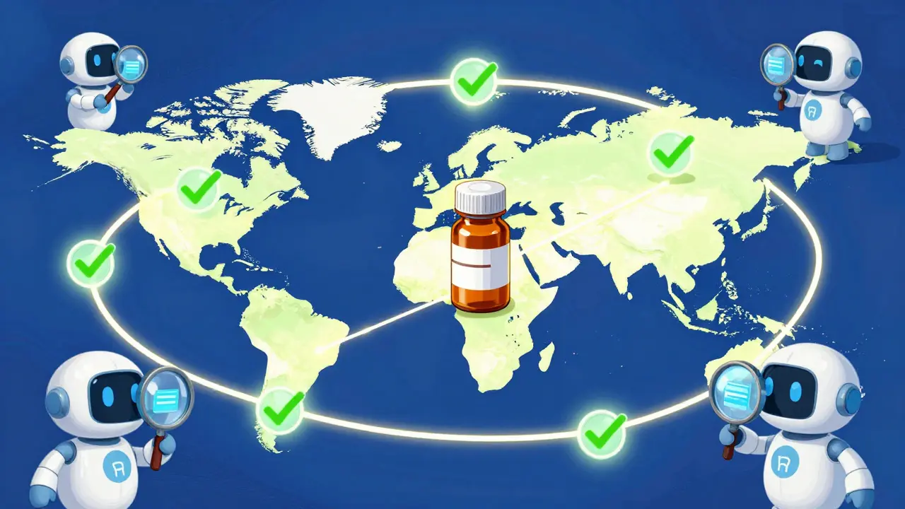 A glowing blockchain map of a pharmaceutical supply chain being monitored by small AI robots.
